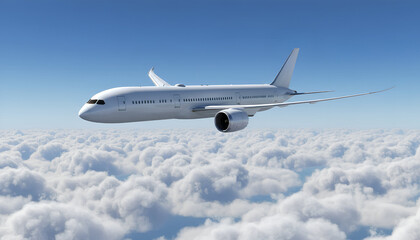 Naklejka premium White Airplane Boeing 787 Modern Passenger Jet Plane Flying Above White Clouds and Blue Sky Corner Front View Angle