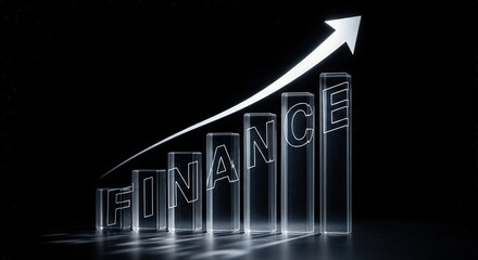 Conceptual Finance Word Created by Negative Space in Upward Trending Clear Crystal Bar Graph - Luxury Growth and Wealth Concept on Black Background