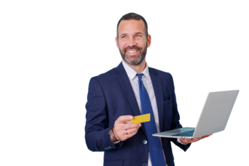 Businessman smiling, holding credit card and laptop, engaging in secure online shopping and digital payment transaction