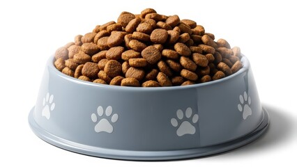 Dry dog food kibble in a blue pet bowl with paw prints, isolated on white background
