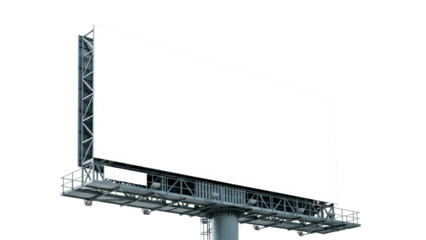 Large empty billboard structure with blank white advertising space isolated on a pure transparent background