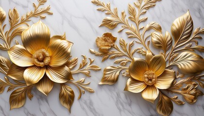 Intricate Golden Flowers Patterned On Pristine White Marble Capturing Elegance Generative Ai