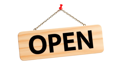 Wooden open sign hanging on a chain isolated on transparent background