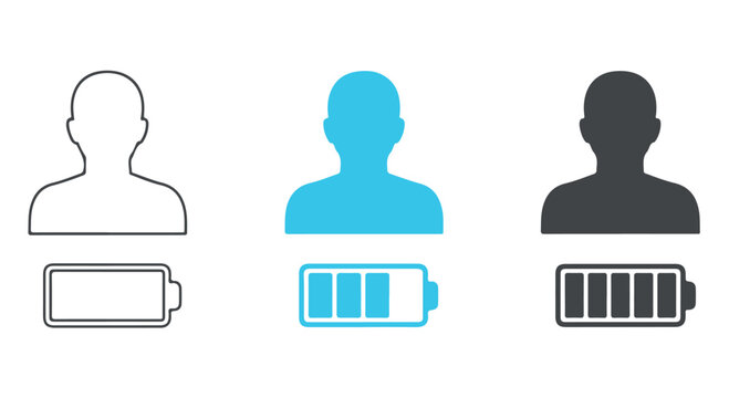 Three human silhouette icons illustrating different energy levels represented by battery charge indicators, isolated on transparent background