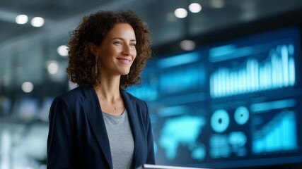 Confident businesswoman stands in a modern office, surrounded by digital data charts and futuristic analytics displays. She embodies leadership and innovation in a tech driven environment