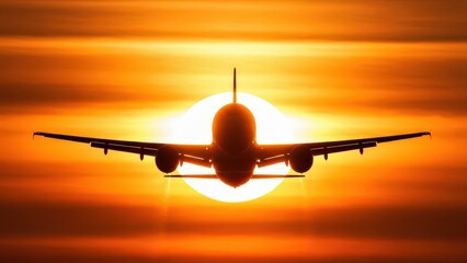 Silhouette of a commercial airplane taking off or landing against a dramatic, fiery orange sunset sky
