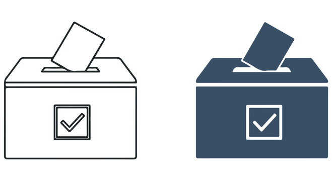 Two styles of icon representing a ballot being cast into a voting box with a checkmark, isolated on transparent background