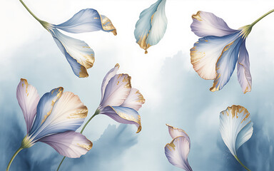 Ethereal blue and purple flowers with gold edges petals isolated on a transparent background