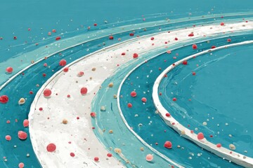 Abstract teal curves and white lines with red dots create a dynamic circular track design