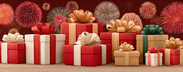 Festive New Year gifts lineup with candles and fireworks backdrop for celebrations