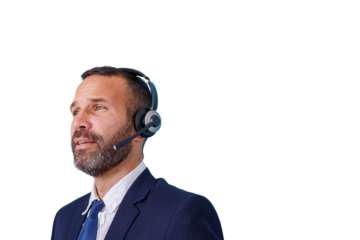 Customer service representative wearing headset, providing online support in a call center, remote work assistance