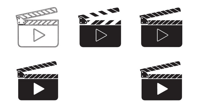 Set of five different style icons representing a movie clapper board with a play symbol, isolated on transparent background