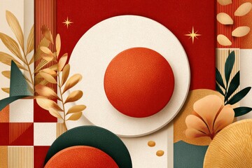 Vibrant abstract composition of red, gold and orange circles with geometric patterns