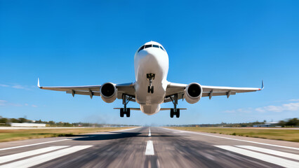 Obraz premium White commercial passenger jet airplane taking off front view angle on the runway