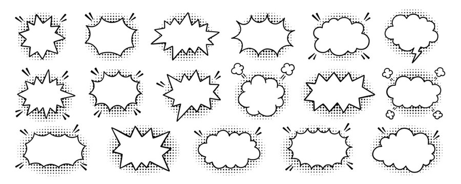 Comic speech bubble doodle set.  Explosion manga speech balloon. Pop art outline frame in sketch style. Hand drawn vector illustration isolated on a transparent background