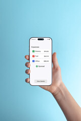 Hand holding smartphone displaying expense overview dashboard on blue background, mobile finance app concept for bookkeeping, business reporting, and digital expense management