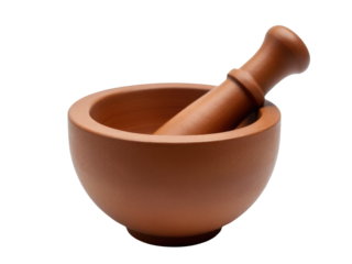 A traditional kitchen toolset with a bowl, mortar, and wooden pestle for grinding ingredients