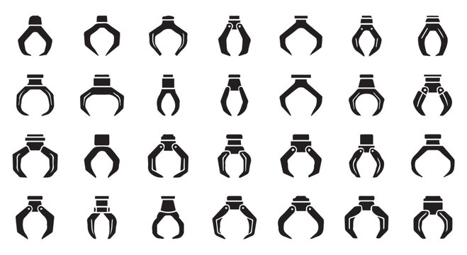 Collection of various black robotic gripper and mechanical claw icons in different shapes and styles for automation and engineering concepts isolated on transparent background