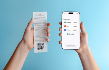 Smartphone displaying expenses overview next to paper receipt, illustrating expense tracking, bookkeeping, financial reporting, and business expense management