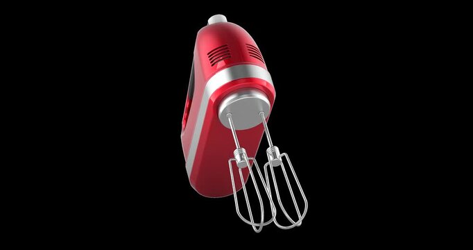 Red electric hand mixer rotation animation seamlessly loopable. 3D rendering isolated on transparent background