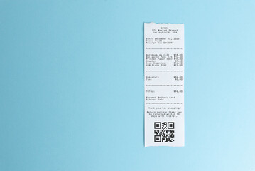 Paper receipt with qr code on blue background, minimalist financial document concept for digital payments, accounting, expense tracking, and fintech design use