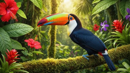 Obraz premium Vibrant toucan perched on mossy branch in lush tropical rainforest