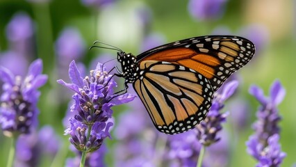 Obraz premium Monarch butterfly sips nectar from vibrant purple lavender flowers