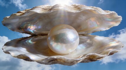 The Pearl of Great Price Parable, glowing pearl in an open seashell in the clouds, Matthew 13 Biblical concept
