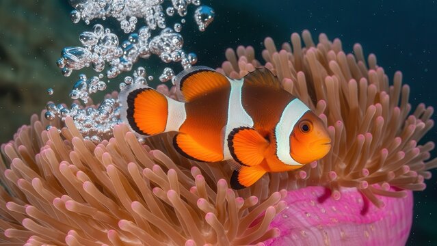 Vibrant clownfish swimming near pink sea anemone underwater