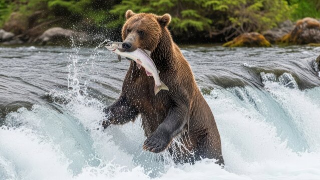 Brown bear catching fish in river with water splash
