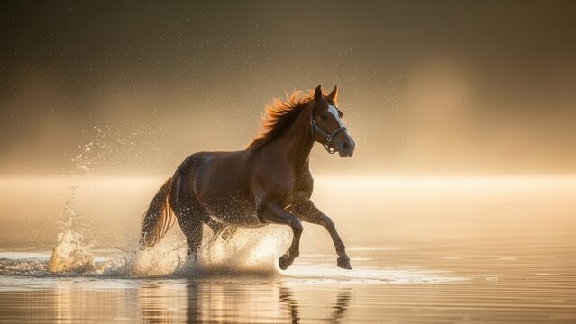Majestic horse running through shallow water with splashing waves