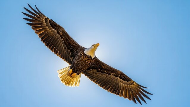 Majestic bald eagle soaring through clear blue sky with wings spread