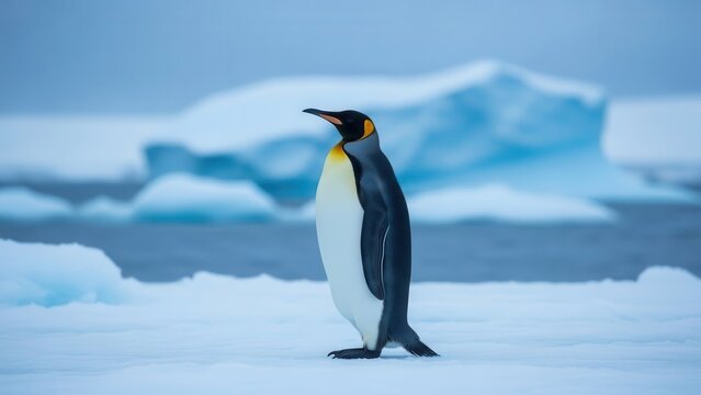Majestic king penguin standing on icy landscape with glaciers