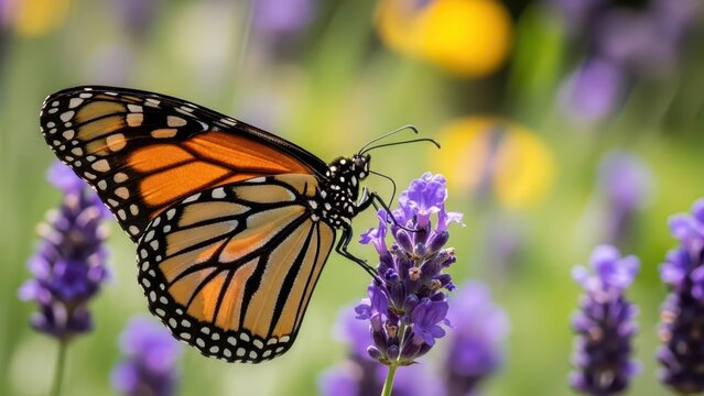Monarch butterfly on purple lavender flowers in garden
