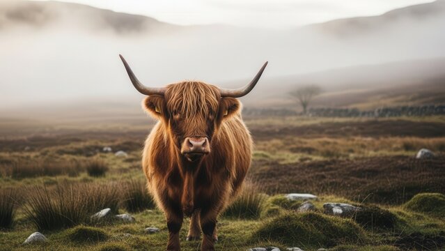 Majestic Highland cow standing in a rugged landscape with foggy hills