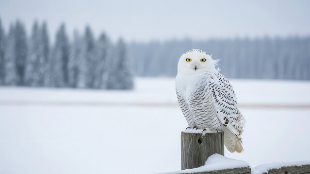 Snowy owl perched on wooden fence in winter landscape
