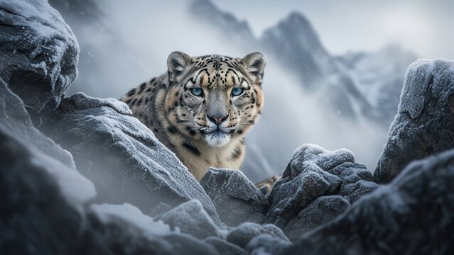 Snow leopard perched on snowy rocks in misty mountain landscape