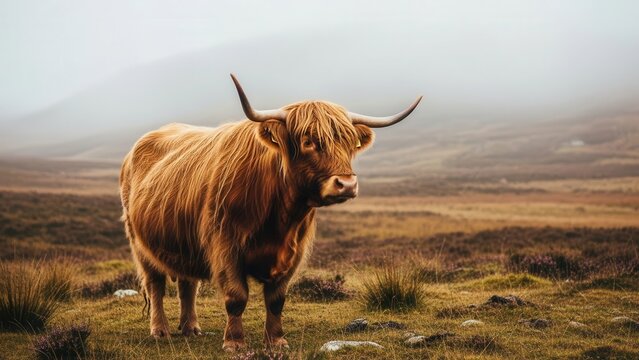 Majestic Highland cow standing in a rugged landscape with horns