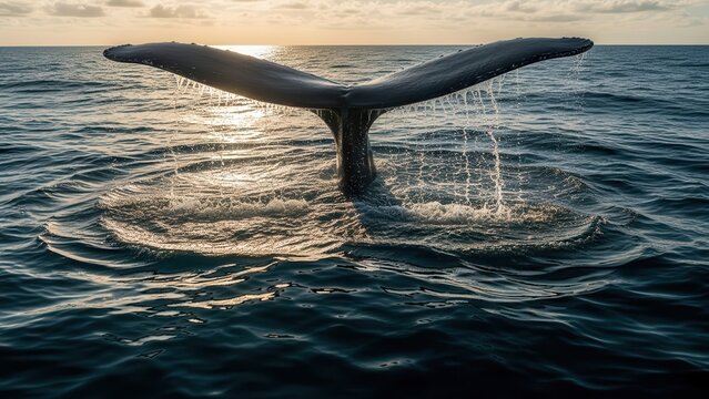 Whale tail splashing in ocean at sunset with sunlight reflection