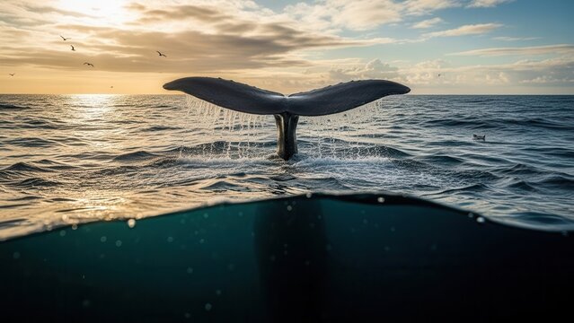 Whale tail splashing in ocean waves at sunset with seagulls flying