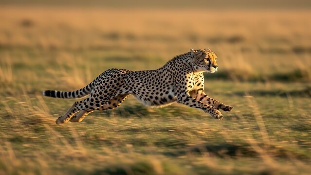 Cheetah running swiftly across savannah grassland at sunset
