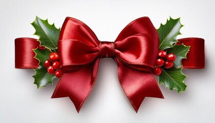 Elegant Red Satin Christmas Bow With Green Holly Leaves And Red Berries Isolated On Transparent Background