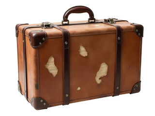 A worn-out suitcase with holes and tears, suitable for use in crime or drama scenes
