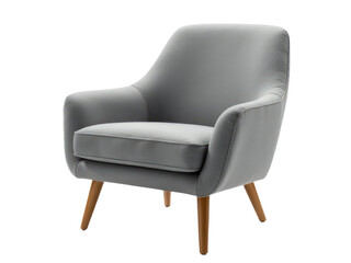 A simple grey chair with wooden legs sitting on a clean white background