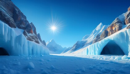 Pixelated Ice Cave Entrance With Jagged Mountains And Icy Landscape Under Bright Sky