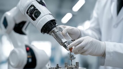 Advanced robotic arm collaborates with a scientist in a modern laboratory, showcasing cutting edge automation technology. Precision engineering and innovation drive scientific progress - Powered by Adobe