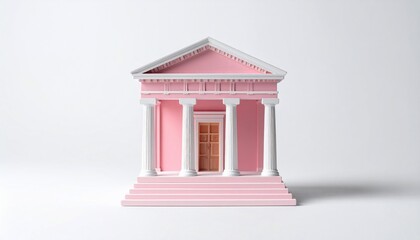 Pink neoclassical building model with white columns, steps, and door against a white backdrop