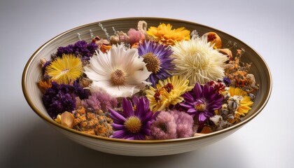 Floral Treasures In A Ceramic Bowl A Vibrant Assortment Of Delicate Dried Flowers In Hues Of Purple Yellow And White Delicately Arranged Within A Charming Ceramic Bowl