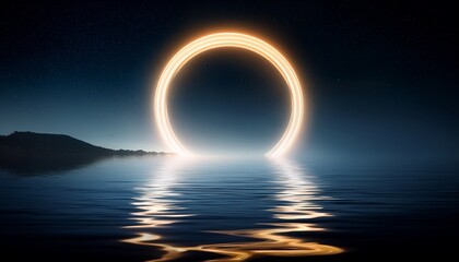 Ring Glow Over Dark Water Light Reflects Deep Black Sky