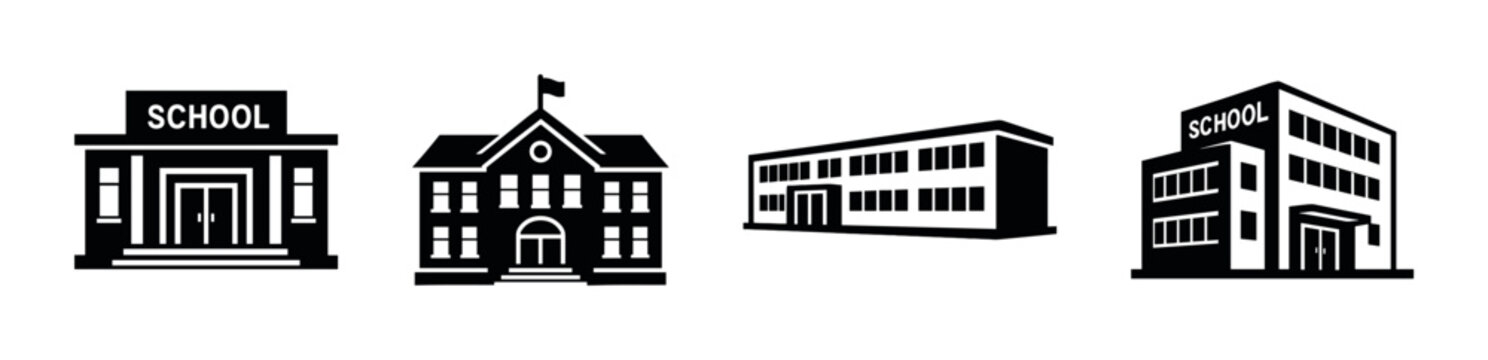 School buildings, flat vector illustration. School icons set. Education buildings icons